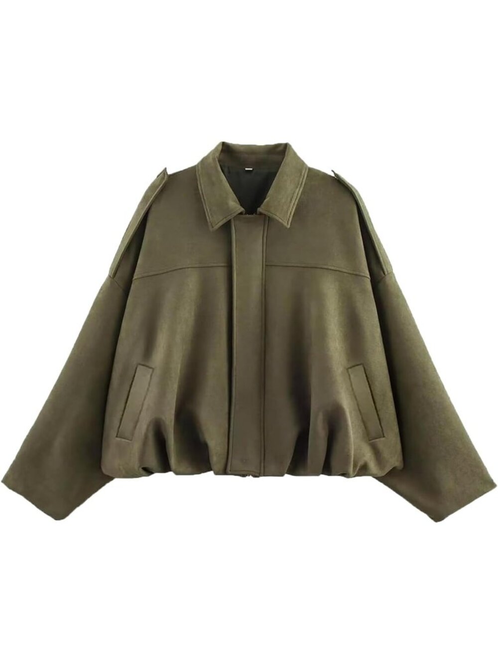 Women's Green Faux Suede Long Sleeve Lapel Collar 2 Pocket Zip Up Bomber Jacket
